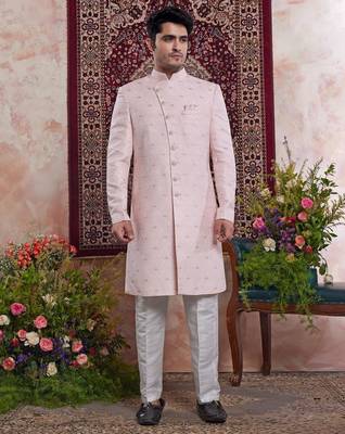 pink banarasi jacquard sherwani for men 1