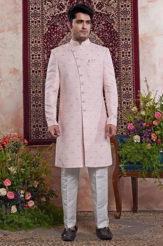 Pink banarasi jacquard indo western for men