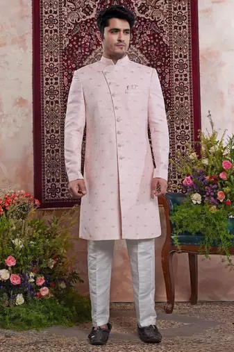 Pink banarasi jacquard indo western for men
