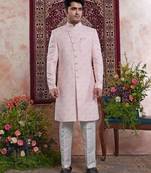 pink banarasi jacquard sherwani for men
