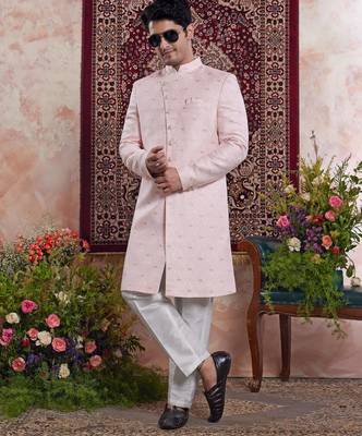 pink banarasi jacquard sherwani for men 2