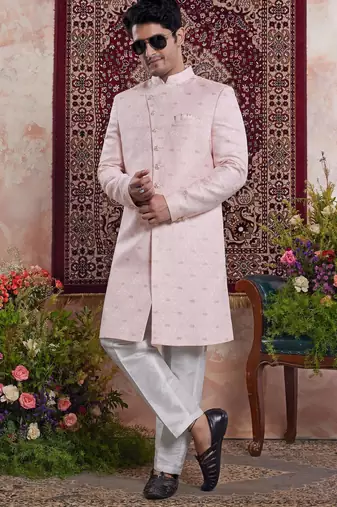 pink banarasi jacquard sherwani for men