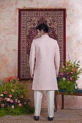 pink banarasi jacquard sherwani for men 3