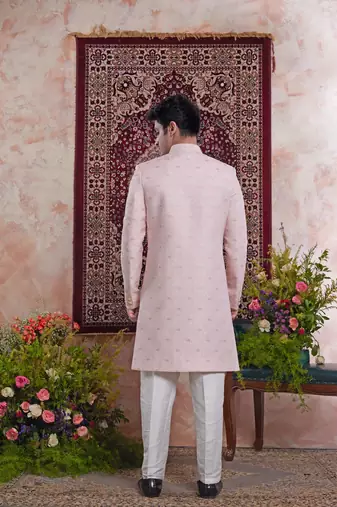 pink banarasi jacquard sherwani for men