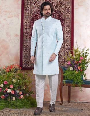 blue banarasi jacquard sherwani for men 1