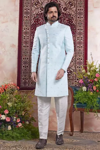 Blue banarasi jacquard indo western for men