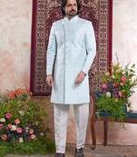 blue banarasi jacquard sherwani for men