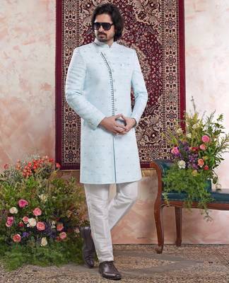 blue banarasi jacquard sherwani for men 2