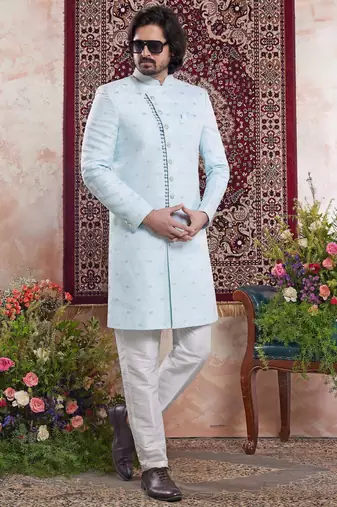 blue banarasi jacquard sherwani for men