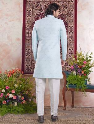 blue banarasi jacquard sherwani for men 3