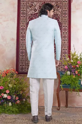 blue banarasi jacquard sherwani for men