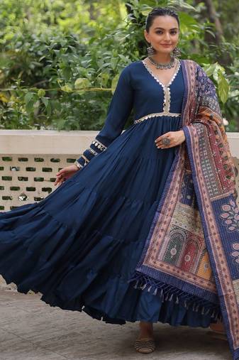 Rama Roman Semi-Stitched Designer Gown with Maslin Crochet & Dori Jal Lace Work | Festive & Party Wear Gown