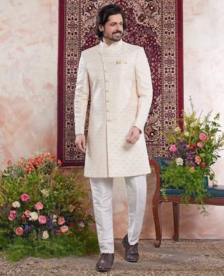 yellow banarasi jacquard sherwani for men 1