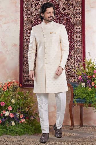 Yellow banarasi jacquard indo western for men