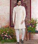 yellow banarasi jacquard sherwani for men