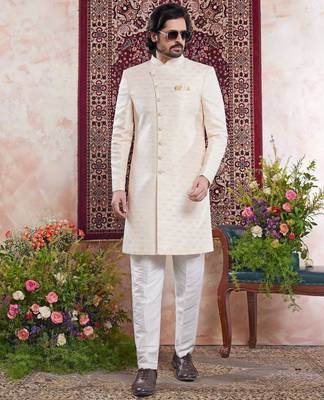 yellow banarasi jacquard sherwani for men 2