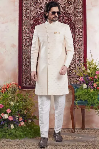 yellow banarasi jacquard sherwani for men
