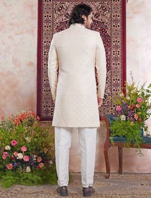 yellow banarasi jacquard sherwani for men 3