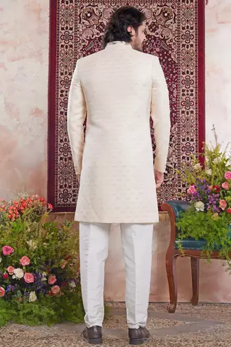 yellow banarasi jacquard sherwani for men