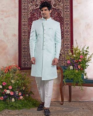 green banarasi jacquard sherwani for men 1