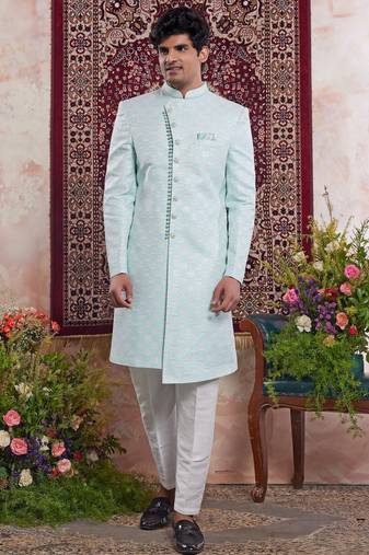 Green banarasi jacquard indo western for men