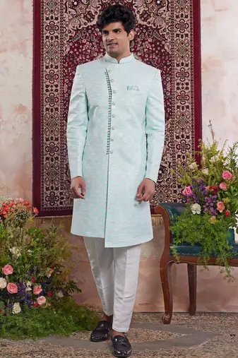 Green banarasi jacquard indo western for men