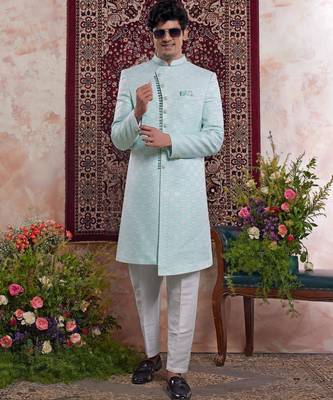 green banarasi jacquard sherwani for men 2