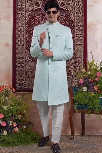 green banarasi jacquard sherwani for men