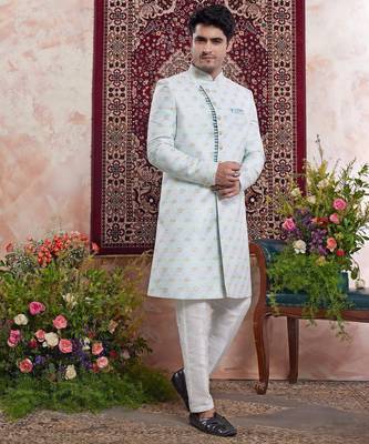 blue banarasi jacquard sherwani for men 1