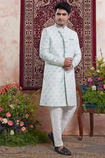 Blue banarasi jacquard indo western for men