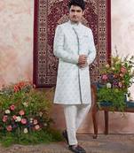 blue banarasi jacquard sherwani for men