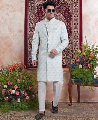 blue banarasi jacquard sherwani for men 2