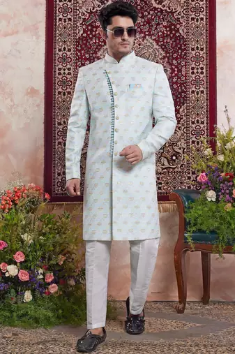 blue banarasi jacquard sherwani for men