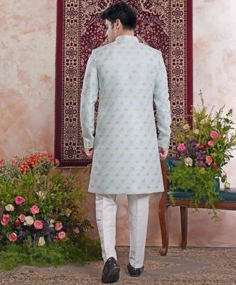 blue banarasi jacquard sherwani for men 3