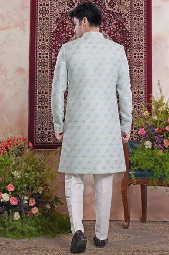 blue banarasi jacquard sherwani for men