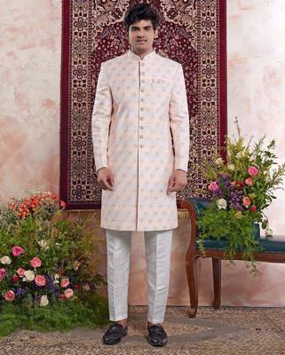 orange banarasi jacquard sherwani for men 1