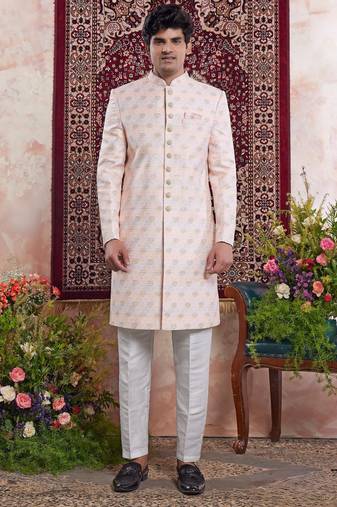 Orange banarasi jacquard indo western for men