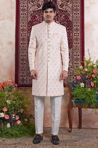 Orange banarasi jacquard indo western for men
