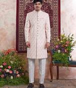 orange banarasi jacquard sherwani for men