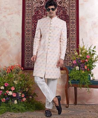 orange banarasi jacquard sherwani for men 2