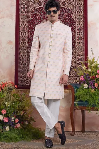 orange banarasi jacquard sherwani for men