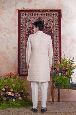 orange banarasi jacquard sherwani for men 3