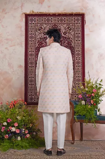 orange banarasi jacquard sherwani for men