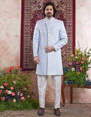 blue banarasi jacquard sherwani for men 1