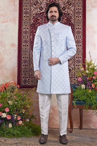 Blue banarasi jacquard indo western for men