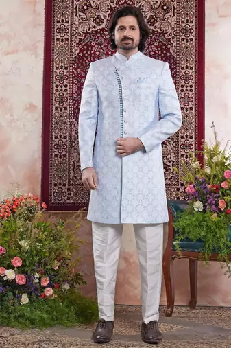 Blue banarasi jacquard indo western for men