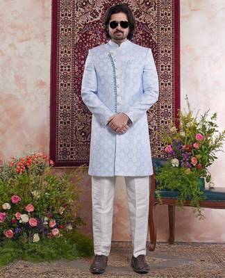 blue banarasi jacquard sherwani for men 2