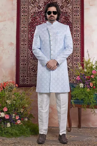 blue banarasi jacquard sherwani for men
