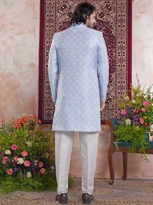 blue banarasi jacquard sherwani for men 3