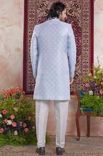 blue banarasi jacquard sherwani for men